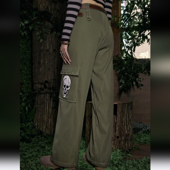 Romwe Fairycore Skull Print Green Wide Leg Cargo Pants - Picture 2 of 10